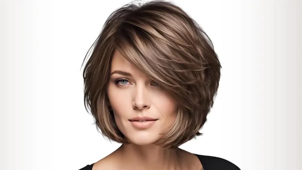 Layered hairstyle with side parting